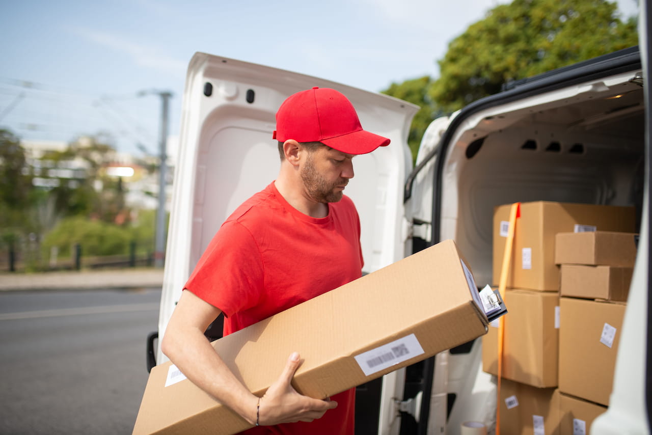 Livreur chargeant des colis dans un utilitaire de livraison d'occasion blanc